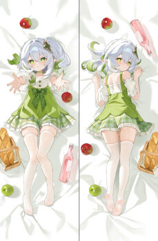 1girl apple baguette basket bed_sheet blush bottle bread closed_mouth commentary_request dakimakura_(medium) dress flower-shaped_pupils food frilled_dress frills fruit genshin_impact gradient_hair green_apple green_dress green_eyes green_hair grey_hair long_hair lying miebao multicolored_hair multiple_views nahida_(genshin_impact) no_shoes on_back on_stomach plaid_clothes plaid_dress pointy_ears puffy_short_sleeves puffy_sleeves shirt short_sleeves side_ponytail smile soles symbol-shaped_pupils white_shirt white_sleeves