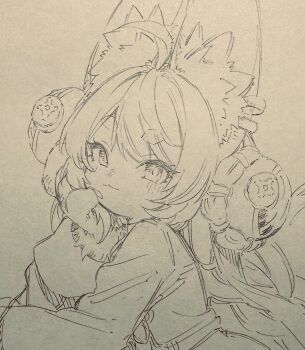 1girl :3 abara_heiki ahoge animal_ear_fluff animal_ear_piercing animal_ears blush furry furry_female hand_on_own_cheek hand_on_own_face highres long_sleeves looking_at_viewer monochrome rabbit_ears rabbit_girl screw short_eyebrows simple_background sketch thick_eyebrows zenless_zone_zero zhao_(zenless_zone_zero)