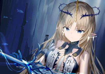 1girl absurdres bare_shoulders black_collar blonde_hair blue_eyes breasts closed_mouth collar commentary crown_of_thorns earrings fleurdelys_(wuthering_waves) floating_earrings highres horns jewelry large_breasts long_hair looking_at_viewer mamiya_yuki pointy_ears single_horn solo sword tacet_mark_(wuthering_waves) v-shaped_eyebrows weapon wuthering_waves yellow_horns