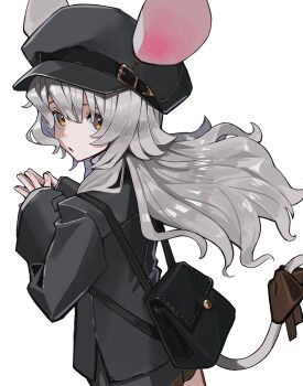 1girl absurdres animal_ears backpack bag black_bag black_hat black_jacket black_shorts blunt_bangs bow brown_bow commentary_request cowboy_shot derinhi1123 fingernails from_behind grey_hair hands_up hat highres jacket long_hair long_sleeves looking_back mouse_ears mouse_girl mouse_tail newsboy_cap open_mouth orange_eyes original own_hands_together shorts simple_background solo steepled_fingers tail tail_bow tail_ornament white_background