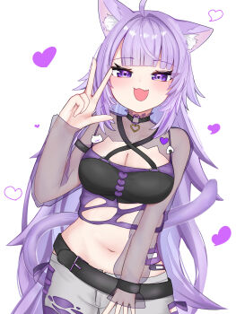 1girl absurdres ahoge animal_ear_fluff animal_ears asymmetrical_legwear black_jacket breasts cat_ears cat_girl cat_tail cleavage collarbone commentary_request crop_top highres hololive jacket long_hair looking_at_viewer navel nekomata_okayu nekomata_okayu_(gyaru) official_alternate_costume official_alternate_hair_length official_alternate_hairstyle open_mouth pantyhose purple_eyes purple_hair purple_pantyhose shorts simple_background single_leg_pantyhose smile solo sorte_09110 stomach tail torn_clothes torn_shorts very_long_hair virtual_youtuber white_background white_shorts