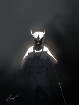 1boy absurdres backlighting black_robe black_tunic commentary covered_face cowboy_shot english_commentary facing_viewer highres holding holding_sword holding_weapon horns male_focus mask official_alternate_costume robe shadow_slave solo sunny_(shadow_slave) swift6000 sword tunic weapon