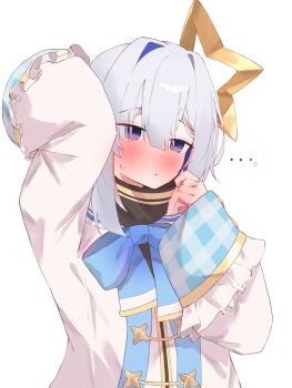 ... 1girl absurdres amane_kanata amane_kanata_(1st_costume) arm_up black_dress blue_hair blush closed_mouth dress grey_hair hair_intakes halo highres hololive jacket looking_at_viewer medium_hair purple_eyes solo star_halo tepenchi virtual_youtuber white_background white_jacket