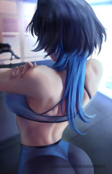 1girl absurdres alternate_costume ass black_hair blue_eyes blue_hair blurry blurry_background breasts exercising facing_away gym highres hololive hololive_english large_breasts long_hair medium_hair multicolored_hair ouro_kronii pants shirt short_hair solo sports_bra twitter_logo twitter_username virtual_youtuber wolf_cut yoellim5 yoga_pants