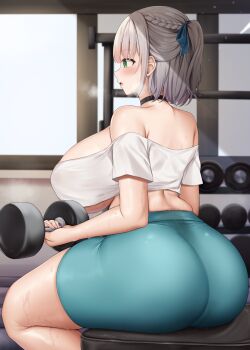 1girl absurdres ass back black_choker blue_shorts blush braid breasts choker commentary_request dumbbell exercising green_eyes grey_hair gym hair_over_one_eye hair_ribbon heavy_breathing highres hololive huge_ass huge_breasts indoors kusana_(dudqja602) looking_away off_shoulder ribbon shirogane_noel shirt short_hair shorts sideboob sitting strapless sweat thighs tube_top underboob virtual_youtuber weightlifting white_shirt