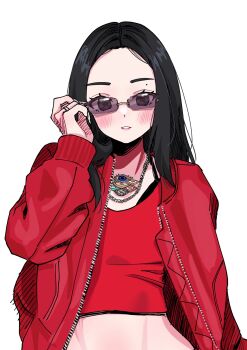 Rule 34 | 1girl, black hair, blackpink, blush, brown eyes, chain, crop top, eyelashes, fake nails, highres, jacket, jennie (blackpink), jewelry, long hair, mole, parted lips, red jacket, red shirt, ring, samarundao, shirt, simple background, solo, sunglasses, upper body, white background