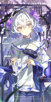 Rule 34 | 1girl, absurdres, blue eyes, chinese clothes, closed mouth, collarbone, crossed bangs, day, earrings, eyelashes, fingernails, flower, gradient hair, hafly, hair between eyes, hair flower, hair ornament, head tilt, highres, holding, jewelry, long hair, long sleeves, looking at viewer, multicolored hair, original, outdoors, purple flower, sidelocks, smile, solo, sunlight, vase, watermark, white hair, wide sleeves