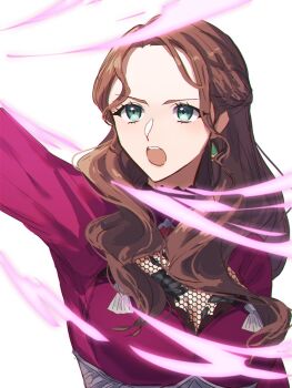 1girl breasts brown_hair cleavage dorothea_arnault dress earrings fire_emblem fire_emblem:_three_houses green_eyes highres jewelry large_breasts long_hair nintendo open_mouth solo tomo_shirasu