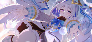 1girl :d amane_kanata amane_kanata_(1st_costume) angel_wings black_skirt blue_bow blue_bowtie blue_hair blue_wings bob_cut bow bowtie colored_inner_hair commentary_request falling_feathers feathered_wings feathers frilled_skirt frills gradient_wings grey_hair grey_jacket grin halo highres hololive jacket lens_flare long_sleeves looking_at_viewer miniskirt multicolored_hair multicolored_wings open_mouth outstretched_arms pink_streaks purple_eyes reaching reaching_towards_viewer sailor_collar short_hair single_hair_intake skirt sleeve_cuffs sleeves_past_wrists smile solo star_halo streaked_hair tilted_halo todalbok106 turtleneck virtual_graduation_commemoration virtual_youtuber white_sailor_collar white_wings wide_sleeves wings