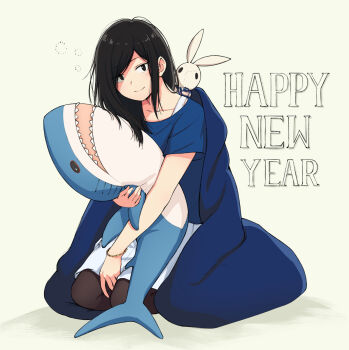 1girl 2019 artist_self-insert black_hair highres ikea_shark kneeling new_year pas_(paxiti) stuffed_toy real_life solo stuffed_animal stuffed_rabbit stuffed_shark stuffed_toy tagme