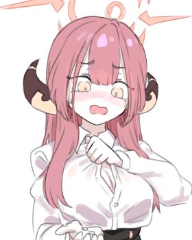 Rule 34 | 1girl, :o, absurdres, aru (blue archive), blue archive, breasts, cleavage, commentary, demon horns, dress shirt, halo, highres, horns, long hair, looking down, medium breasts, neophyte, partially unbuttoned, pink hair, shirt, shirt tucked in, simple background, solo, sweatdrop, upper body, white background, white shirt