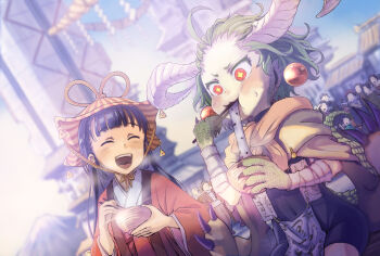2girls ^_^ bandaged_arm bandages black_bodysuit black_hair bodysuit bowl brown_hair brown_scarf chopsticks closed_eyes clothing_request commentary_request covered_navel day eating food_request forehead hair_ornament highres holding holding_bowl holding_chopsticks horns japanese_clothes kimono long_hair long_sleeves monster_girl multiple_girls open_mouth original outdoors people red_eyes red_kimono scarf short_hair sitting slice_of_life smile sphere_hair_ornament star-shaped_pupils star_(symbol) straight_hair sweat symbol-shaped_pupils user_tswx7328 wide_sleeves wispy_bangs yellow_pupils