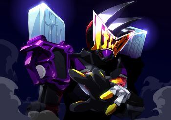 Rule 34 | 1boy, armor, black hair, bodysuit, game console, genm armor, gloves, hammer, health bar, highres, kamen rider, kamen rider ex-aid (series), kamen rider geiz, kamen rider genm, kamen rider zi-o (series), katakana, mouth guard, otokamu, purple armor, red bodysuit, red headwear, rider gashat, spiked hair, vambraces, yellow eyes, yellow gloves