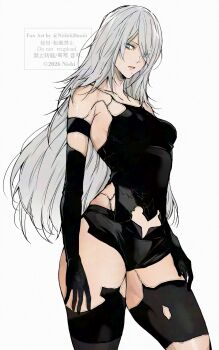 1girl a2_(nier:automata) android bare_shoulders black_gloves black_shorts blue_eyes breasts commentary elbow_gloves eyes_visible_through_hair feet_out_of_frame gloves grey_hair highres joints long_hair looking_at_viewer medium_breasts mole mole_under_mouth nier:automata nier_(series) nishiii26miii parted_lips robot_joints short_shorts shorts simple_background solo