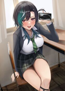 1girl :d absurdres amane_sora black_hair blazer blush breasts car cellphone chair desk green_necktie highres holding holding_phone hololive hololive_dev_is jacket large_breasts miniskirt motor_vehicle multicolored_hair necktie one_side_up open_mouth phone red_eyes rindo_chihaya school_chair school_desk school_uniform serafuku shirt sitting skirt smartphone smile solo streaked_hair thighs v-shaped_eyebrows white_shirt window