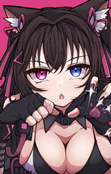 1girl absurdres animal_ear_fluff animal_ears black_bra black_collar black_gloves black_nails blue_eyes bow bra breasts brown_hair cat_ears cat_girl chestnut_mouth choppy_bangs collar commentary detached_collar diamond-shaped_pupils diamond_(shape) dot_nose eyelashes fang fingerless_gloves gloves goddess_of_victory:_nikke hair_bow hair_intakes heterochromia highres kakuzatou_(cubesugar03196) long_hair looking_at_viewer medium_breasts nero_(nikke) open_mouth paw_print pink_background pink_bow pink_eyes simple_background skin_fang solo sparkle strap symbol-shaped_pupils underwear
