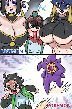 1boy 1other 3girls absurdres back-to-back bare_shoulders beelstarmon between_breasts blonde_hair blue_eyes blue_hair blue_mask blush_stickers breasts brown_hair comparison demon_girl digimon digimon_(creature) digimon_story:_time_stranger dress eye_mask eyelashes face_to_breasts facial_mark female_pervert gem gen_1_pokemon green_dress green_hat happy hat heart highres large_breasts lilithmon long_hair mask mega_starmie motion_lines multiple_girls naughty_face nintendo paxton_(pokemon) pervert pointy_ears pokemon pokemon_(creature) purple_lips red_eyes red_gemstone running scared shaded_face shiny_skin short_hair simple_background spoken_heart star_(symbol) starmie tears third_eye title torashu-kun underboob upper_body weapon white_background wings yuuki_kanan