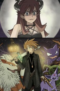 1boy 1girl adapted_costume ahoge alternate_costume antique_firearm arcanine arm_at_side armpit_crease arms_at_sides bare_shoulders belt black_dress blue_eyes blue_oak boots breasts brown_hair cleavage collarbone curled_fingers curled_horns dress espeon evil_smile eyelashes fake_horns firearm firelock flintlock full_moon gen_1_pokemon gen_2_pokemon gen_6_pokemon gloves green_(pokemon) green_eyes gun hair_between_eyes halloween_costume halterneck happy_halloween haunter highres holding holding_gun holding_sword holding_weapon horns jewelry legs_together long_hair long_sleeves looking_at_viewer medium_breasts medium_hair moon neck necklace nintendo no_bra orange_hair over_shoulder parted_lips pentagram pokemon pokemon_adventures pumpkaboo purrrloin serious shaded_face shirt short_dress sidelocks sleeveless sleeveless_dress smile spiked_hair standing sword sword_over_shoulder thigh_boots thighs tight_clothes tight_dress turtleneck turtleneck_shirt upper_body weapon weapon_over_shoulder white_boots white_gloves