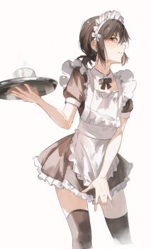 1boy absurdres apron black_bow black_bowtie black_dress black_hair black_thighhighs bow bowtie closed_mouth commentary_request cropped_legs crossdressing crossdressing_(mtf) cup dress embarrassed frilled_apron frills hair_between_eyes highres hiura_mihate holding holding_tray kamiro_(kamin_r0) koisuru_(otome)_no_tsukurikata looking_at_viewer low_ponytail maid maid_apron maid_headdress male_focus male_maid ponytail puffy_short_sleeves puffy_sleeves red_eyes short_ponytail short_sleeves sideways_glance simple_background solo split_mouth teacup thighhighs trap tray wavy_mouth white_apron white_background