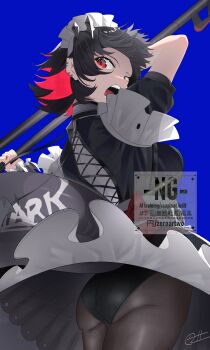 1girl absurdres ass black_dress black_hair blue_background brown_pantyhose colored_inner_hair commentary_request cowboy_shot dress ear_piercing ellen_joe fins fish_tail frilled_wristband from_behind hairband highres holding holding_weapon looking_back maid_headdress metal_hairband multicolored_hair open_mouth pantyhose piercing red_eyes red_nails shark_girl shark_tail sharp_teeth short_hair solo spiked_headband tail teeth weapon zenless_zone_zero zeroartwo