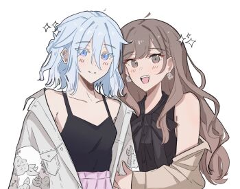 Rule 34 | 2girls, :d, armpit peek, arms at sides, black bow, black bowtie, black camisole, black shirt, blue eyes, blush, bow, bowtie, braid, breasts, brown eyes, brown hair, brown jacket, camisole, closed mouth, collarbone, colored eyelashes, commentary, couple, dot nose, earrings, ena 25ji, english commentary, grey hair, grey jacket, hair between eyes, half updo, high-waist skirt, highres, jacket, jewelry, long bangs, long hair, long sidelocks, long sleeves, looking at viewer, multiple girls, off shoulder, official alternate costume, official alternate hair length, official alternate hairstyle, open clothes, open jacket, open mouth, pink skirt, project sekai, second-party source, shinonome ena, shirt, short hair, side braid, sidelocks, simple background, skirt, sleeveless, sleeveless shirt, small breasts, smile, spaghetti strap, sparkle, teeth, upper body, upper teeth only, white background, yoisaki kanade, yuri, zozotown