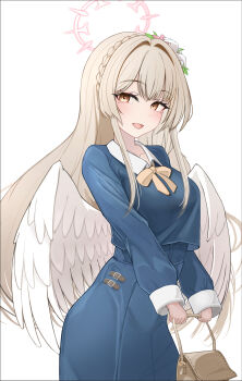 1girl angel_wings asaikeu bag blonde_hair blue_archive braid brown_eyes commentary_request cowboy_shot flower hair_flower hair_intakes hair_ornament halo highres holding holding_bag light_blush long_hair looking_to_the_side nagisa_(blue_archive) open_mouth sidelocks standing white_background wings