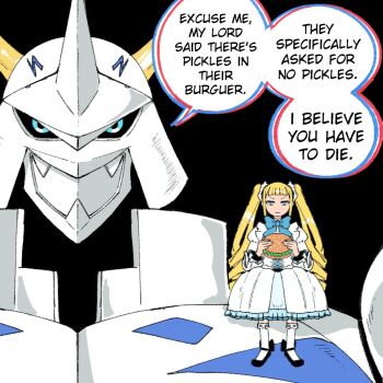 1girl armor artist_name blonde_hair digimon digimon_(creature) digimon_story:_time_stranger dress english_text gothic_lolita holding lolita_fashion long_hair looking_at_viewer mecha omegamon robot simple_background spikes wanderjegson white_armor yggdrasill_(digimon)