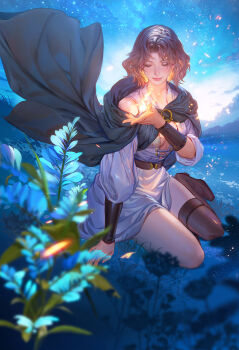 1girl black_cloak boots brown_boots brown_hair cloak closed_eyes commentary elden_ring embers english_commentary facial_mark fan_yang_(jiuge) fire grass highres hood hood_down hooded_cloak long_sleeves medium_hair melina_(elden_ring) outdoors plant puffy_long_sleeves puffy_sleeves pyrokinesis sitting sky smile solo star_(sky) starry_sky