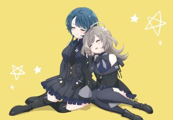 Rule 34 | 2girls, ahoge, aizawa kazuha, ankle boots, assault lily, bare shoulders, black bow, black bowtie, black gloves, black jacket, black necktie, black thighhighs, black vest, blue hair, blue shirt, blunt bangs, blush, boots, bow, bowtie, breasts, buttons, closed eyes, closed mouth, collared shirt, commentary request, commission, drooling, foot out of frame, frilled skirt, frills, gloves, grey bow, grey bowtie, hair ornament, hairclip, hands on lap, head on another's shoulder, heads together, highres, jacket, jewelry, long hair, long sleeves, medium breasts, multicolored hair, multiple girls, necklace, necktie, off shoulder, official alternate costume, open clothes, open vest, parted lips, pendant, piatin, sasaki ran, shirt, short hair, side-by-side, sitting, skeb commission, skirt, sleeping, sleeping on person, sleeping upright, sleeves past fingers, sleeves past wrists, smile, star (symbol), star symbol background, streaked hair, thigh boots, thighhighs, underbust, vest, wide sleeves, yellow background, yokozuwari