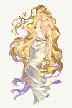 Rule 34 | 1boy, androgynous, armlet, blonde hair, crown, elden ring, enxy, extra arms, floating, flower, gold armlet, gold bangle, gold necklace, grey background, half-closed eyes, hashtag-only commentary, highres, holding, holding flower, jewelry, long hair, male focus, miquella (elden ring), necklace, parted bangs, robe, single bare shoulder, solo, toga, twintails, very long hair, white robe, yellow flower