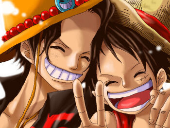 Rule 34 | 2boys, ^ ^, black hair, black shirt, close-up, closed eyes, collared shirt, commentary request, freckles, hat, heads together, kara (acluf-0156), male focus, monkey d. luffy, multiple boys, one piece, open mouth, orange headwear, portgas d. ace, red shirt, scar, scar on face, shirt, short hair, sleeveless, sleeveless shirt, smile, straw hat, v, white background