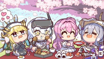 +_+ 4girls :3 =_= ^_^ alcohol armor armored_bodysuit armored_boots bare_shoulders black_robe blonde_hair blue_eyes blush_stickers bodysuit boots braid breasts cherry_blossoms chibi chicken_(food) cloak closed_eyes closed_mouth commentary_request cup day detached_sleeves dorothy_(nikke) dress drooling drunk falling_petals food food_art frilled_dress frills full_body gloves goddess_of_victory:_nikke grey_hair habit hair_between_eyes hair_bun hat hatodokei head-mounted_display heart highres holding holding_cup holding_food japanese_armor jingasa kote large_hat leotard long_braid long_hair looking_up mechanical_arms mechanical_wings medium_breasts mouth_drool multiple_girls nun onigiri open_mouth petals pink_hair rapunzel_(nikke) robe sakazuki sake saliva scarlet_(nikke) seiza shadow shoulder_armor sidelocks single_mechanical_arm sitting smile snow_white_(nikke) sode sparkle tako-san_wiener tea tree very_long_hair white_bodysuit white_cloak white_dress white_hair white_leotard wine wings wrist_guards yellow_eyes