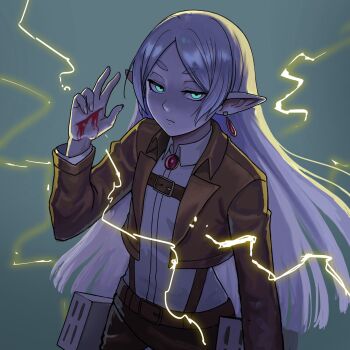 1girl absurdres blood collared_shirt cosplay cowboy_shot earrings elf eren_yeager eren_yeager_(cosplay) frieren green_eyes highres jacket jewelry long_hair long_sleeves looking_at_viewer open_clothes open_jacket paradis_military_uniform parted_bangs pointy_ears shingeki_no_kyojin shirt solo sousou_no_frieren three-dimensional_maneuver_gear watcher_hollow white_shirt
