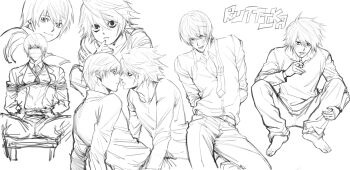 2boys aged_down arms_behind_back barefoot bdsm belt blush bondage bound closed_mouth collared_shirt commentary cosmetics death_note face-to-face full_body gag greyscale highres holding holding_lipstick_tube imminent_kiss improvised_gag l_(death_note) lipstick_mark lipstick_mark_on_face lipstick_tube male_focus monochrome multiple_boys multiple_views necktie_over_shoulder ruttika_shin shirt shirt_tucked_in short_hair simple_background sitting squatting tape tape_gag tongue tongue_out white_background yagami_light yaoi