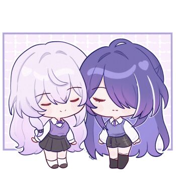 2girls acheron_(honkai:_star_rail) asymmetrical_legwear black_shorts black_skirt black_swan_(honkai:_star_rail) bow bowtie cheek-to-cheek chibi chibi_only closed_eyes closed_mouth commentary english_commentary hair_over_one_eye heads_together highres honkai:_star_rail honkai_(series) long_hair multicolored_hair multiple_girls purple_bow purple_bowtie purple_hair purple_vest samlatte shirt shorts signature skirt smile split_mouth streaked_hair thighs uneven_legwear very_long_hair vest white_shirt