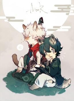 2boys black_hair blonde_hair body_fur book bridal_gauntlets brown_background brown_fur cat_boy claws commentary_request dog_boy egasumi fuji_166 furry furry_male grass grey_eyes grey_fur highres holding holding_book holding_sword holding_weapon looking_at_viewer male_focus multiple_boys original short_hair sitting sword tail weapon yawning yellow_fur