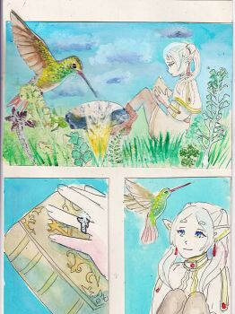 ankle_boots bird book boots brown_boots capelet cloud cloudy_sky comic earrings eating elf feathered_wings feathers flower frieren grass green_eyes holding holding_book hummingbird jewelry long_hair miniskirt outdoors painting_(medium) photo_(medium) pointy_ears reading ring skirt sky traditional_media twintails watercolor_(medium) white_capelet white_skirt wings