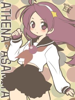 1girl asamiya_athena black_sailor_collar black_skirt character_name commentary_request cowboy_shot dated flat_color hair_ornament hairband hand_up highres long_hair long_sleeves looking_at_viewer midriff_peek miniskirt neckerchief parted_lips purple_eyes purple_hair red_neckerchief sailor_collar school_uniform serafuku shirt signature skirt sleeves_past_wrists solo standing star_(symbol) star_hair_ornament the_king_of_fighters white_hairband white_shirt yukiyo_kato