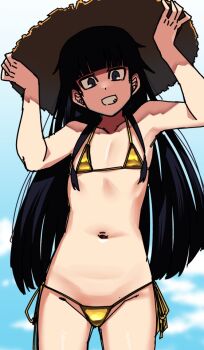 1girl bikini black_hair blunt_bangs cloud cloudy_sky cropped_legs flat_chest from_below gold_bikini grey_eyes grin groin hands_on_headwear hat hime_cut kaauchi long_har long_sidelocks looking-at_viewer looking_dow messy_hair navel original side-tie_bikini_bottom sidelocks sky smile solo straw_hat sun_hat swimsuit teeth triangle_bikini_top very_long_sidelocks