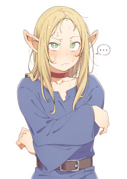 ... 1girl belt blonde_hair blue_dress blush choker collarbone crossed_arms dress dungeon_meshi eitopondo elf embarrassed highres long_hair marcille_donato pointy_ears red_choker simple_background solo speech_bubble spoken_ellipsis sweatdrop white_background