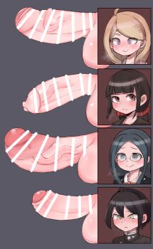 1boy 3futa absurdres akamatsu_kaede bar_censor black_hair blonde_hair blue_eyes blue_hair blush brown_eyes censored chart comparison danganronpa_(series) danganronpa_v3:_killing_harmony erection foreskin futanari hair_ornament hairclip harukawa_maki highres long_hair multiple_futa penis penis_chart penis_comparison penis_size_comparison penis_size_difference phimosis pink_eyes pointless_censoring saihara_shuichi school_uniform shirogane_tsumugi short_hair testicles yellow_eyes zkky2nd