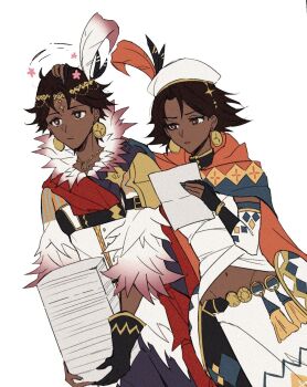 1boy 1girl blue_eyeshadow blue_nails brown_eyes dark-skinned_female dark_skin earrings eyeshadow fingernails fire_emblem fire_emblem_engage fogado_(fire_emblem) gold_headband highres jewelry long_fingernails makeup mother_and_son nail_polish nintendo oda32t prince queen seforia_(fire_emblem) short_hair star-shaped_pupils star_(symbol) symbol-shaped_pupils very_dark_skin