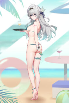 1girl absurdres alternate_costume aqua_bikini ass barefoot beach bikini blush breasts card chinese_commentary closed_mouth commentary_request cup drinking_glass feet firefly_(honkai:_star_rail) frilled_hairband frilled_thigh_strap frills full_body grey_hair hair_ornament hairband highres holding holding_card holding_tray honkai:_star_rail honkai_(series) kneepits large_variant_set long_hair looking_at_viewer maid_headdress medium_breasts paid_reward_available purple_eyes soles solo standing swimsuit thigh_strap thighs tray variant_set white_hairband wristband yunkaiming
