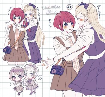 Rule 34 | 2girls, :>, blonde hair, blush, bow, bracelet, brown dress, camera, chibi, chibi inset, closed eyes, closed mouth, commentary request, cropped legs, crying, danganronpa (series), danganronpa 2: goodbye despair, dress, eyelashes, flying sweatdrops, freckles, grey bow, grey dress, grey eyes, grid background, hair bow, hand on another's head, hands on another's shoulder, heart, highres, hug from side, jewelry, ki 27ro, koizumi mahiru, long hair, motion lines, multiple girls, multiple views, musical note, necktie, pinafore dress, plaid clothes, plaid necktie, red hair, shirt, shirt under dress, shoes, short hair, short sleeves, sleeveless, sleeveless dress, smile, socks, sonia nevermind, speech bubble, spoken musical note, sweat, sweatdrop, tears, translation request, twitter username, very short hair, walking, white shirt, yuri