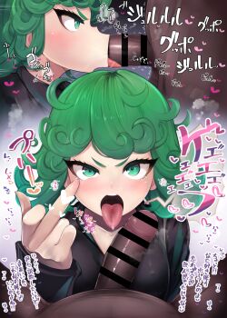 1boy 1girl :&gt;= bar_censor black_robe blush breath burp censored covered_erect_nipples cum cum_in_mouth curly_hair dark-skinned_male dark_skin ejaculation fellatio frown gokkun green_eyes green_hair hetero highres hiiro_h japanese_text large_penis looking_at_viewer middle_finger motion_lines one-punch_man open_mouth oral penis pov pov_crotch robe short_hair smell solo_focus sound_effects speech_bubble tatsumaki tongue tongue_out translated trembling veins veiny_penis