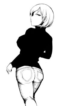Rule 34 | 1girl, ass, commentary request, cowboy shot, empty eyes, from behind, greyscale, looking at viewer, looking back, monochrome, original, pants, sadahiro (chicken nugget gyuuniku aji), short hair, simple background, solo, sweater, turtleneck, turtleneck sweater, v