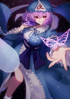 1girl absurdres beckoning black_ribbon blue_hat blue_kimono breasts bug butterfly center_frills commentary contrast_collar feet_out_of_frame fingernails folding_fan frilled_hat frilled_sailor_collar frilled_sleeves frills hand_fan hat highres hitodama holding holding_fan insect izanaware_game japanese_clothes kimono large_breasts long_sleeves looking_at_viewer mob_cap nail_polish neck_ribbon obi paper_fan pink_butterfly pink_hair red_eyes ribbon saigyouji_yuyuko sailor_collar sash short_hair signature smile socks solo touhou transparent_butterfly triangular_headpiece white_sailor_collar white_socks wide_sleeves