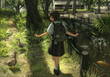 1girl animal anko1127 backpack bag bag_charm bench bird black_eyes brown_bag brown_shoes building bush catfish charm_(object) closed_mouth commentary_request day duck fence fish from_behind full_body grass highres loafers looking_at_animal looking_to_the_side medium_skirt original outdoors outstretched_arms park path pleated_skirt profile railing road scenery shirt shoes short_hair short_sleeves skirt smile socks solo stream tall_grass tree walking water white_shirt white_socks