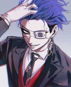 1boy absurdres adjusting_hair alternate_hairstyle arm_up black_hair black_jacket black_necktie blue_hair chamuchai earrings eye_print eyepatch face_piercing formal_clothes grey_background grey_eyes grin hair_slicked_back highres jacket jewelry labret_piercing looking_at_viewer male_focus multicolored_hair necktie official_alternate_costume omokage_yugamu piercing print_eyepatch print_necktie red_vest shirt short_hair smile solo suit the_hundred_line_-last_defense_academy- undercut upper_body upturned_eyes vest white_shirt