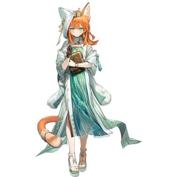 1girl ahoge animal_ears arknights blunt_bangs blunt_ends blush book brown_gloves cat_ears cat_girl cat_tail clenched_hand closed_mouth dress earrings extra_ears framed_cleavage full_body gloves gold_tiara green_dress green_eyes green_sandals grey_dress hair_between_eyes holding holding_book hood hood_up id_card jewelry lanyard long_dress looking_at_viewer medium_hair mini_tiara mole mole_on_armpit multicolored_dress official_art orange_hair orange_tail papyrus_(arknights) sandals simple_background single_glove solo standing tachi-e tail tail_ornament tail_ring third-party_source tiara toes transparent_background triangle_earrings watch wenquangua white_hood wristwatch